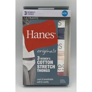 HANES Originals Womens Cotton Stretch Thongs Underwear Sz 9/2XL Blue Pink 3 Pack